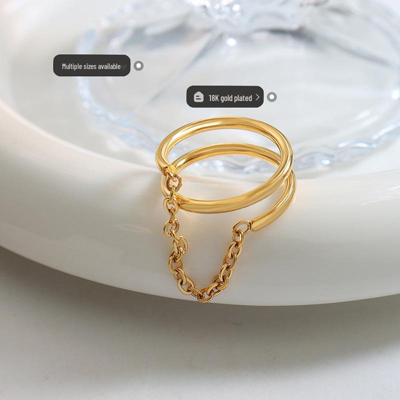 18K Gold Plated Titanium Steel Double Layer Index Finger Chain Ring for Women - European & American Style