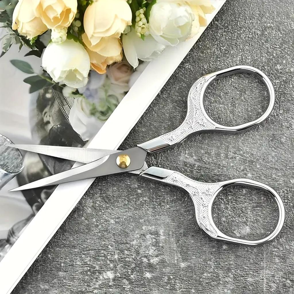 1pc-Flower Vintage Stainless Steel Household Scissors, Square Handle Embroidered Scissors, Student Office Small Scissors