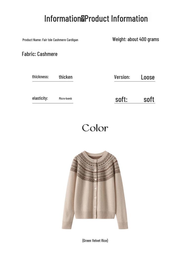 Women's Romantic Cashmere Cardigan - Round Neck, Fair Isle Pattern, Color Block, Autumn/Winter Knitted Sweater Coat