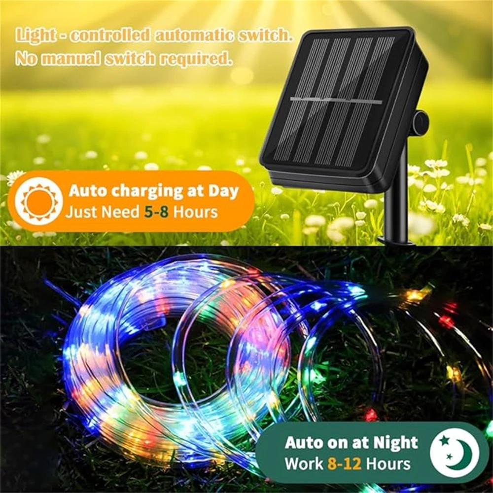 Solar LED Rope Light Waterproof Outdoor Solar Powered Fairy Lights 8 Mode Christmas for Garden Yard Holiday Tree Decor Light