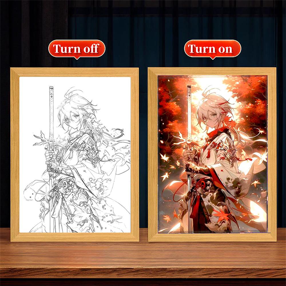 Anime Figure Genshin Impact Light Painting Photo Frame  Raiden Shogun Action Led Night Light Room Decor Christmas Gift Moon Lamp