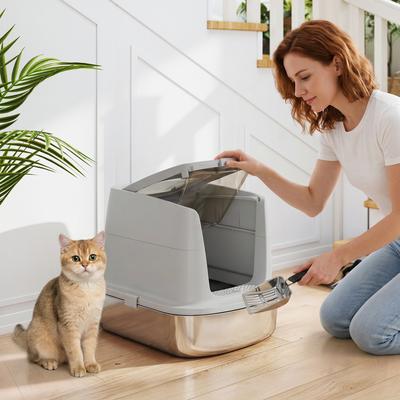 Stainless Steel Cat Litter Box, Enclosed Cat Litter Box with Scoop, Odor Bag, Entry/exit