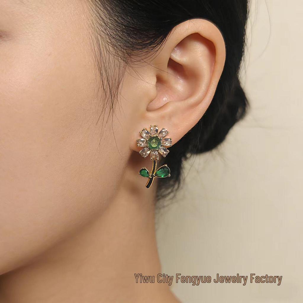 2025 High-End Crystal Flower Green Leaf Zircon Stud Earrings - Trendy & Delicate for Women