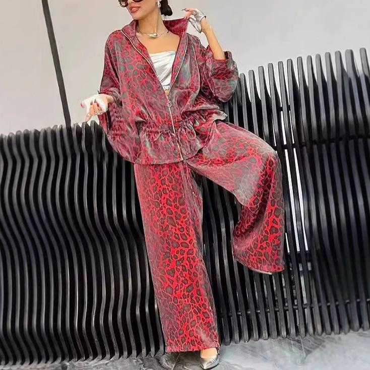 Damen Leopardenmuster Umlegekragen Kordelzug Taille Lässiges Set