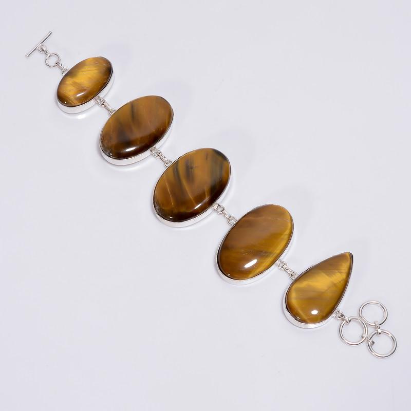 

Attractive Top Grade Qualite 100% Natural Tiger Eye Oval Shape Ethnic Style Handmade Jewelry 925 Steling Silver Plated Bracelet 7-9 WSJ4692 7-9 коричневий