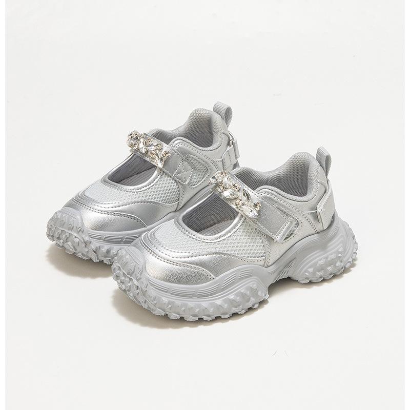 Children's Rhinestone Durian Sole Girls Hollow Running Shoes 2025 Spring Mesh Breathable Little Girl Light Sports Shoes
