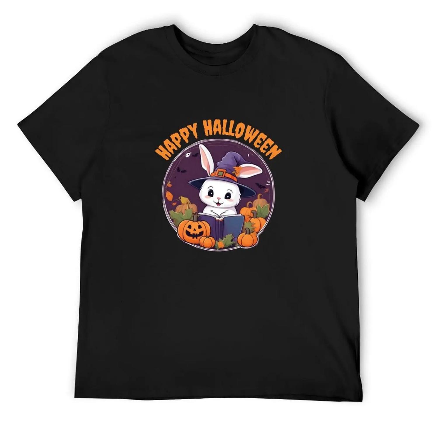 Happy Halloween Cute Rabbit Reading a Book with his Pumpkins, 2025 Halloween T-Shirt topping croswit shirt man men t shirts S