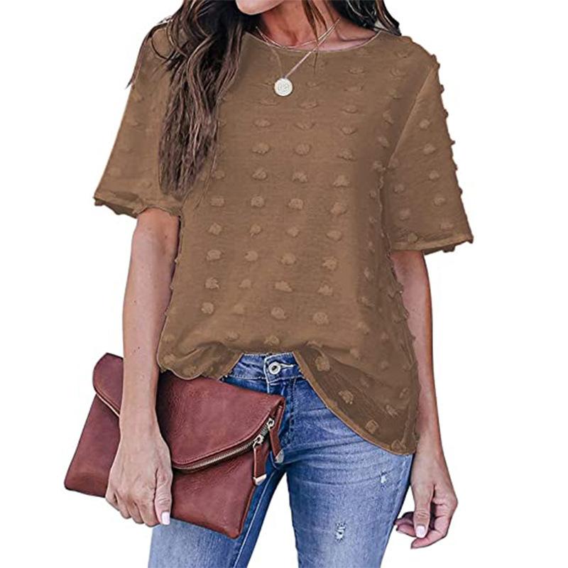 Women's New Summer Style Women's Chiffon Jacquard Fur Ball Double Layer Short-sleeved Fashion Top