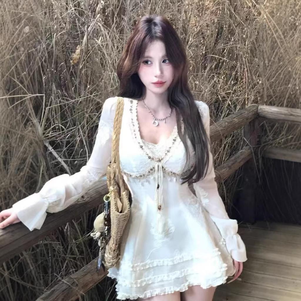 French first love short skirt spring waist thin design sense pure desire Spice girl wind webbing splicing white dress women