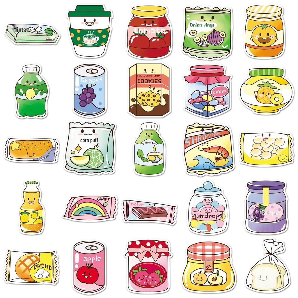 50pcs Cute Food Cartoon Stickers: Waterproof Snack-Themed Graffiti for Journals & Storage Boxes