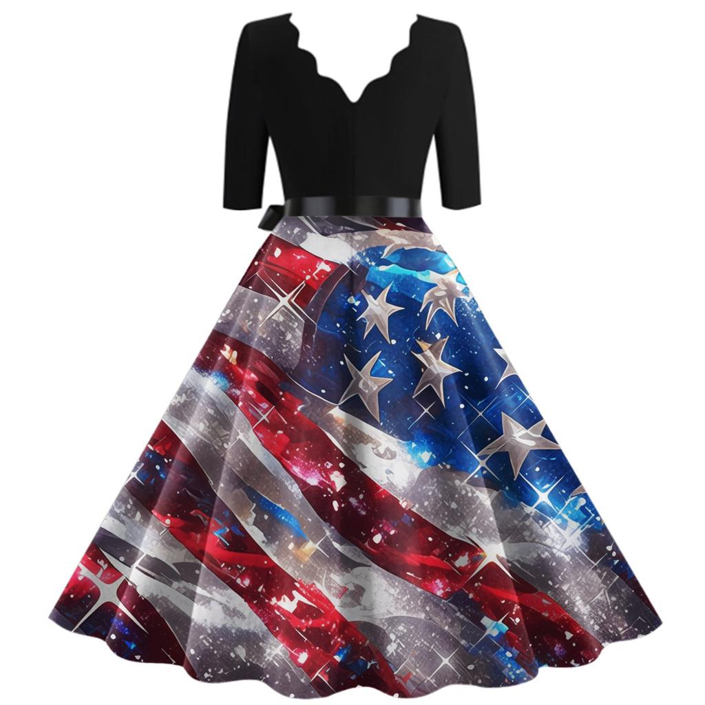 Women's Casual And Fashionable Independent Day Printed V-Neck Seven Point Cuff Waist Belt Dress