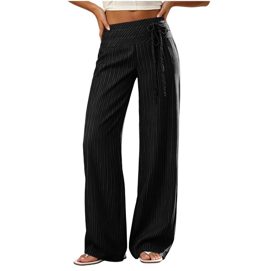 Women Wide Leg Pants High Waist Casual Trousers with Tie Waist Loose Fit Comfortable Lounge Wear Striped Pattern Elastic Waistband