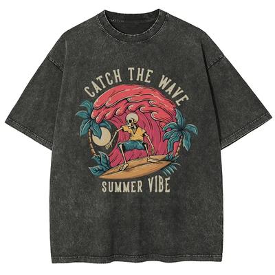 Catch The Wave Summer Vibe Skull Ropa Hombre Y2K Men Women Unisex Harajuku Washed T-Shirt Streetwear Retro Cotton T Shirts Tees