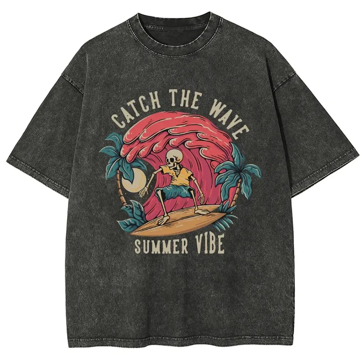 Catch The Wave Summer Vibe Skull Ropa Hombre Y2K Men Women Unisex Harajuku Washed T-Shirt Streetwear Retro Cotton T Shirts Tees S разноцветный