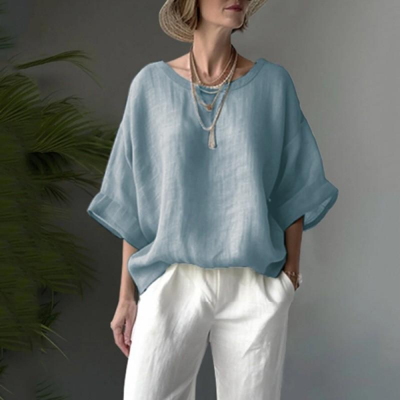 Cotton Linen T Shirt With Rounded Neck For Casual Daily Wear