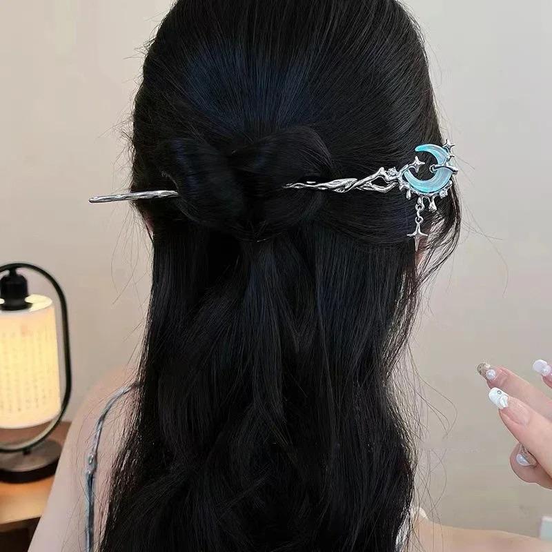 Romantic Moonstone Star Moon Hair Stick Metal Branch Hairpin Hair Fork Chinese Style Accessories for Girls Jewelry