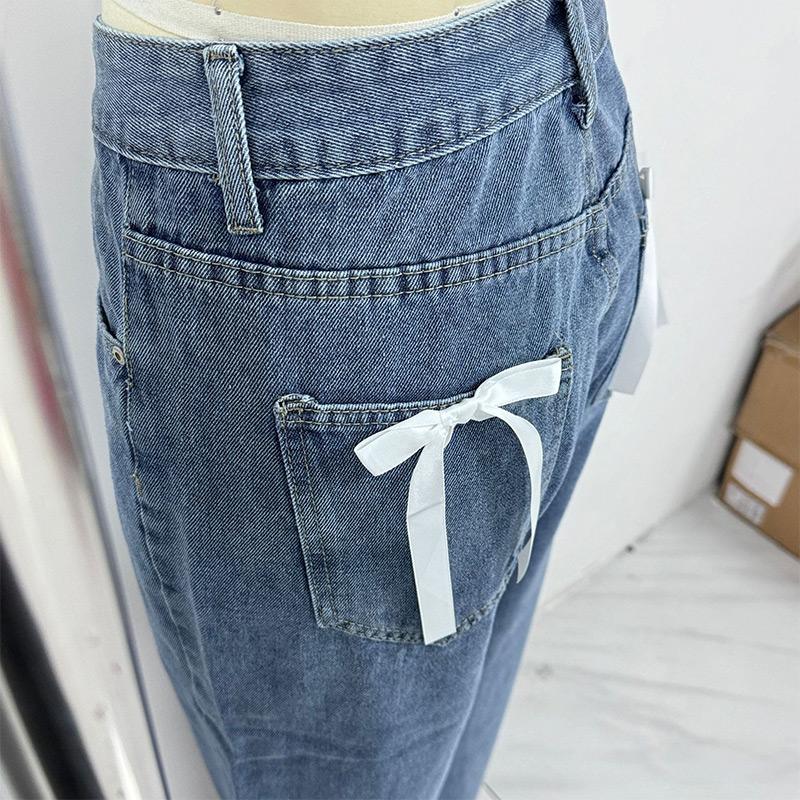Vintage Bow Straight Jeans Women Causal Loose Zipper High Waist Trousers Spring Denim Pants with Pockets