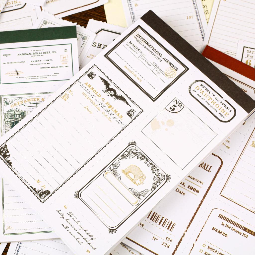 Retro Story Tear-off Sticky Notes Book - Letter Series, 30 Sheets, 6 Styles for Journaling and Collage.