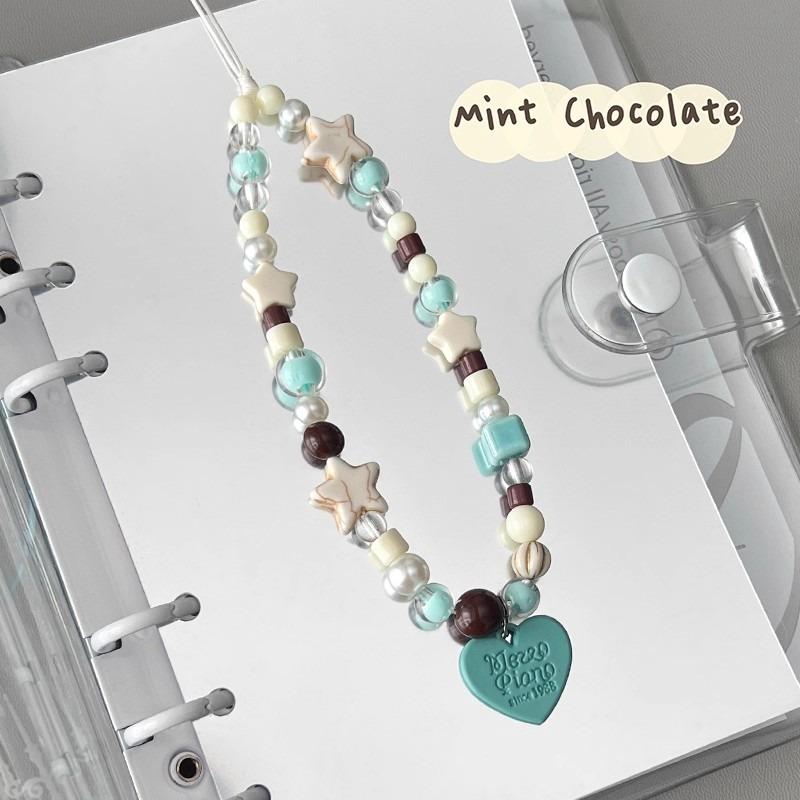 Ins Style Star Beaded Mint Chocolate Mobile Phone Lanyard For Ccd Camera