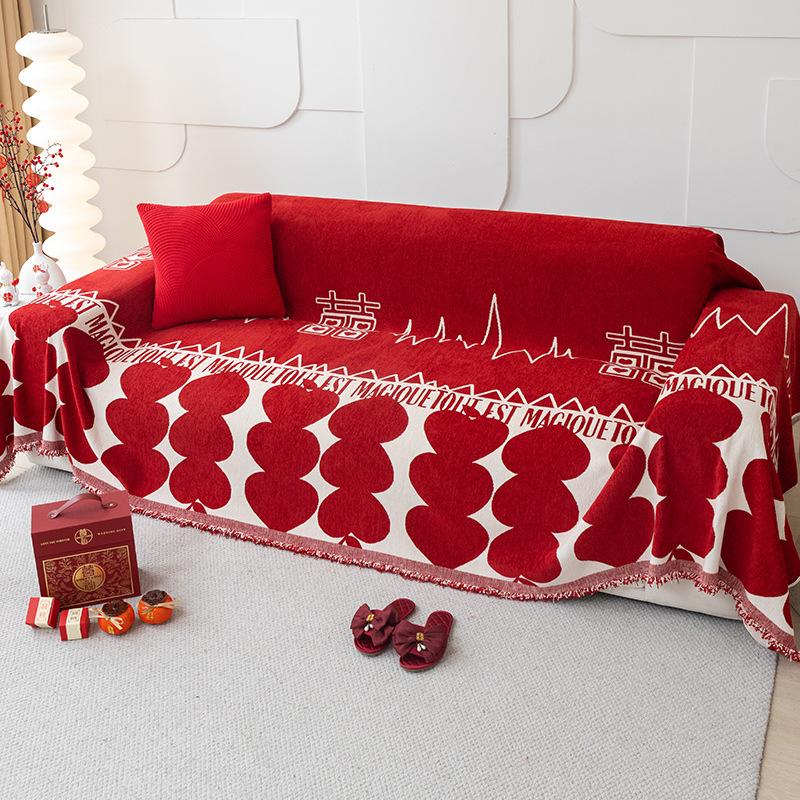 Wedding Decoration Red Sofa Towel Cover Blanket Living Room Universal Multifunctional Non Slip Skin Friendly Chenille Romantic