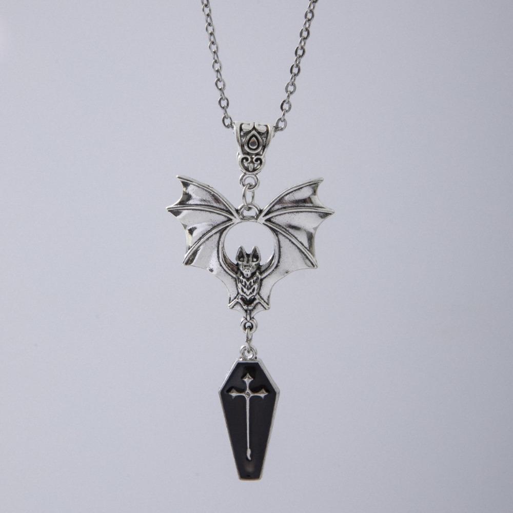 Exaggerated Gothic Sliver Color Vampire Bat Cross Red Coffin Pendant Necklace for Women Halloween Party Retro Punk Jewelry Gift