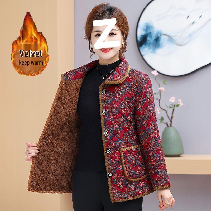 Women's Winter Floral Fleece-Lined Jacket - Thick Cotton Coat for Middle-Aged and Elderly, Long-Sleeved Cold Protection.