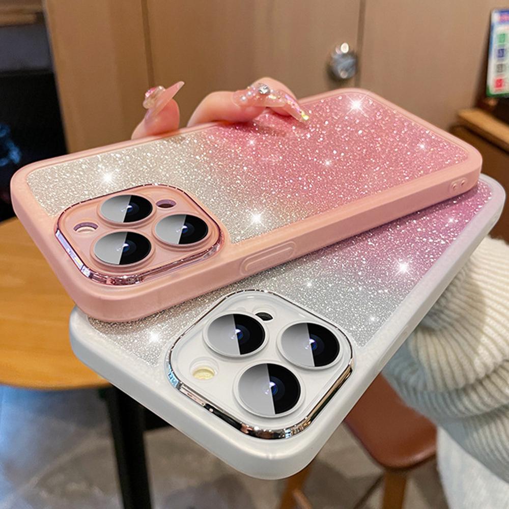 For iPhone 16 Pro Max Case Gradient Glitter Shockproof PC+TPU Phone Cover with Lens Film
