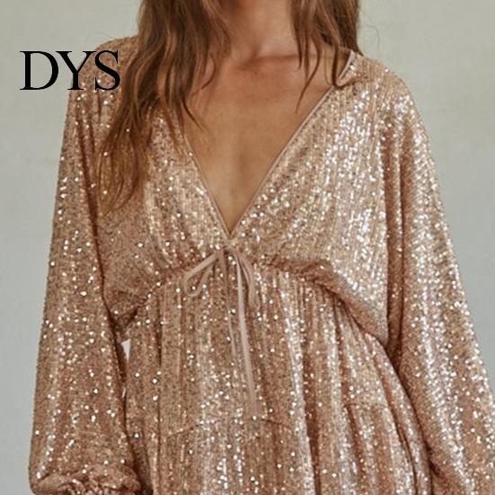 Lightweight Dress Lady Club Party Deep V Neck Shimmering Sequin Loose Solid Slimming V-neck Color Long Sleeve Bow Lace-up Strap Look Mini