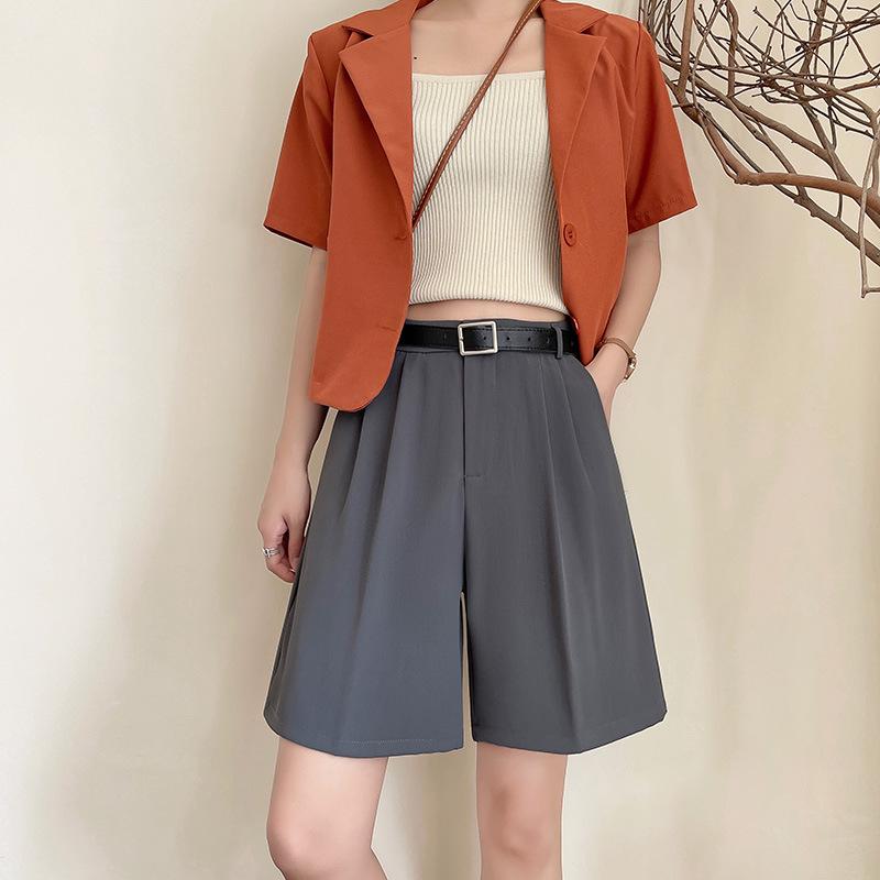 

Женские летние шорты хаки с высокой посадкой - Свободные, стройнящие и повседневные шорты средней длины с широкими штанинами XL (suggested 116-125 jin) темно-серого