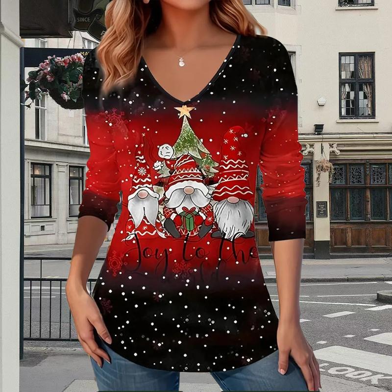 Julenissen Hjortetrykk Dame T-skjorter Dameoverdeler Langermet V-hals Pullover Femme T-skjorter T-skjorte for kvinner