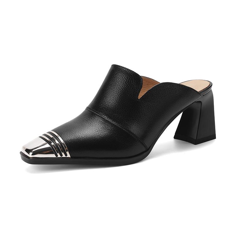 

Fashion Women s Shoes 2025 New Summer Metal Headed Genuine Leather Cowhide High Heels Large Square Headed Retro Muller Slippers 34 чёрный