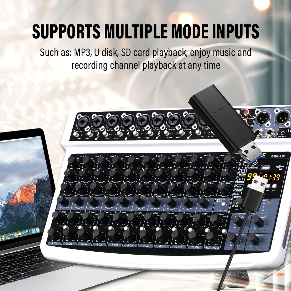 BOMGE Professional Audio Bluetooth Studio Mixer with 48V and 99 DSP Effects Professionals and 12-Channel Mixer, USB, Power, XLR/RCA Inputs, (For