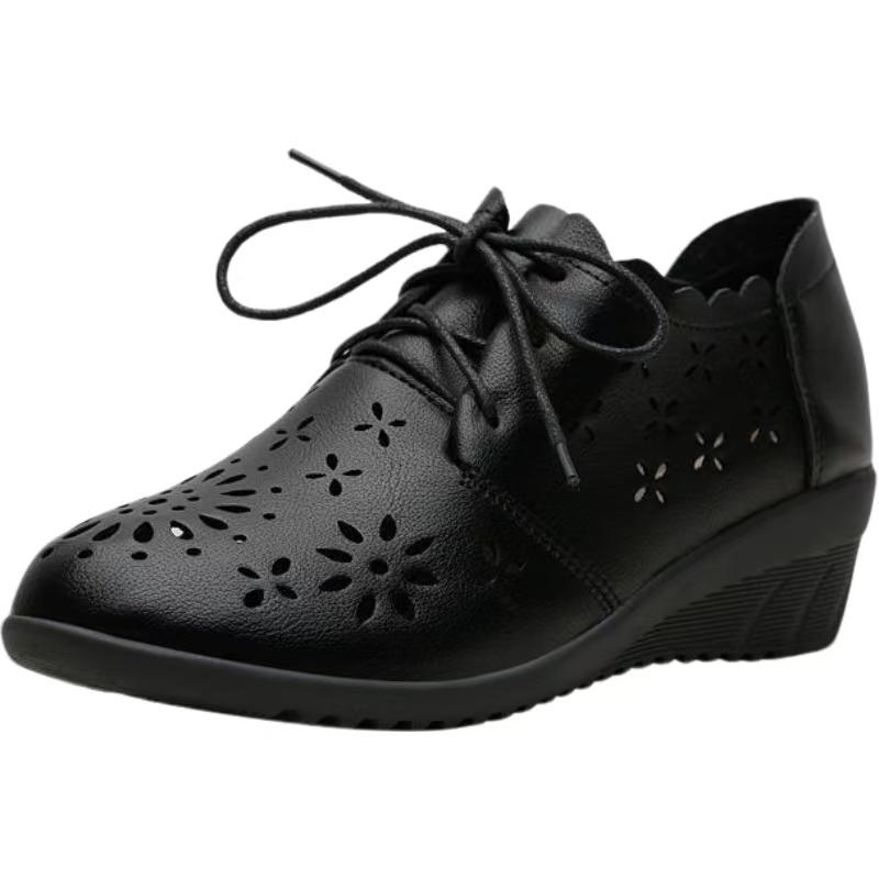 

Women s Summer Leather Hollow Out Wedges Shoes Soft Sole Non Slip Round Toe Lace Up Lightweight Cave Shoes High Heel Sandals 35 чорний
