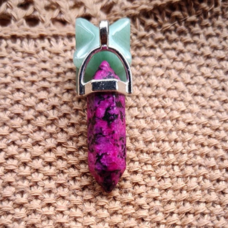 Natural Stone Amethyst & Rose Quartz Double-Pointed Hexagonal Pendant Necklace