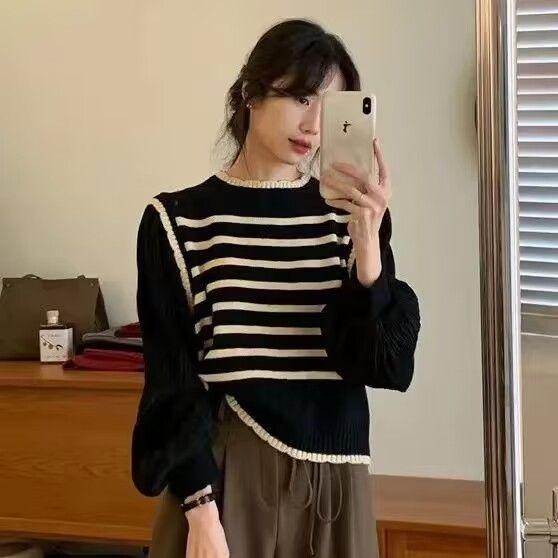 French Fake Two-piece Striped Sweater for Women In Spring and Autumn 2026 Slouchy Style Top Design Sense, Small Group Soft Knit