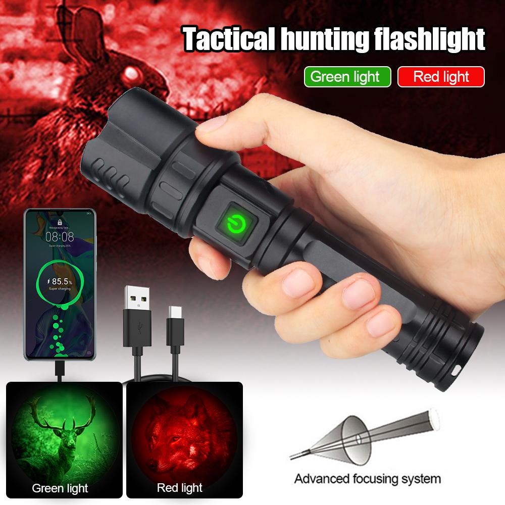 Green Flashlight Professional LED Zoomable Torch for Hunting USB Rechargeable Night Scout Light+Press Switch+Gun Clip