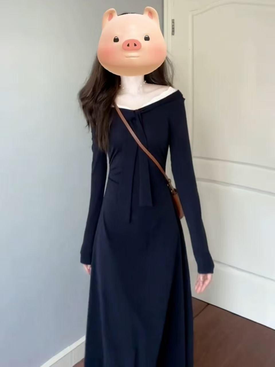 French long-sleeved dress, children s early autumn new temperament, advanced sense, waist and thin long dress, autumn and winter wear S чёрный