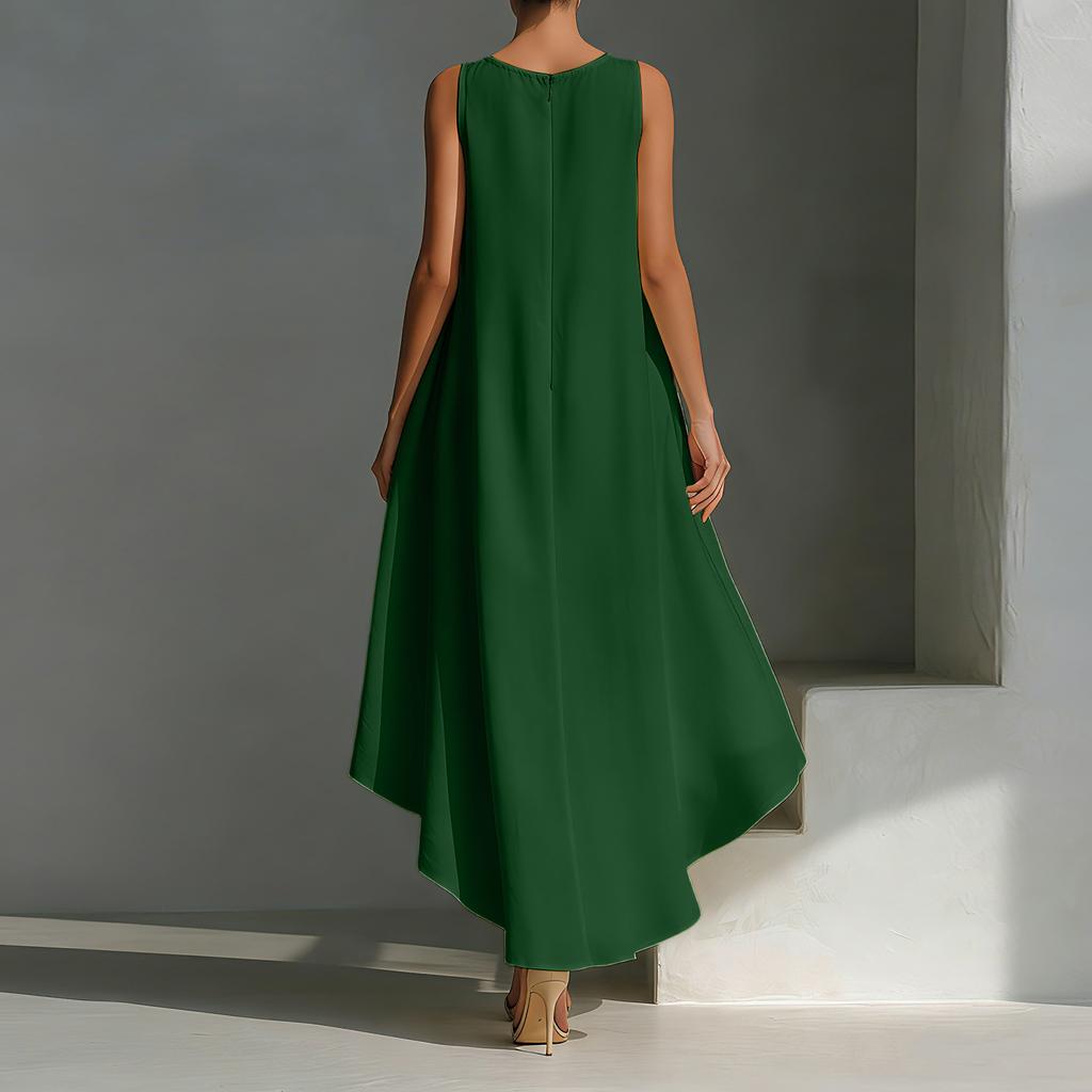 Women's Color Cotton Linen Irregular Sleeveless Dress With Short Front And Long Back