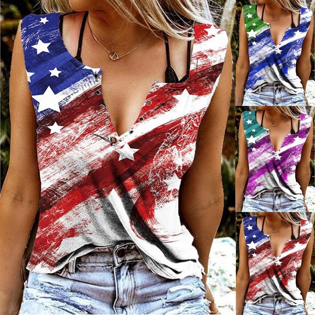 Womens Independerce Day Loose  V-Neck Sleeveless Button Print Tops Vest