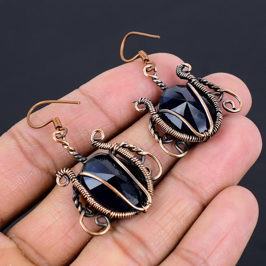 Boucles d'oreilles Saphir Bleu, Boucles d'oreilles en Pierres Précieuses Fait Main, Boucles d'oreilles Enveloppées de Fil de Cuivre 999 Bijoux Antiques, Pour Cadeau de Fiançailles
