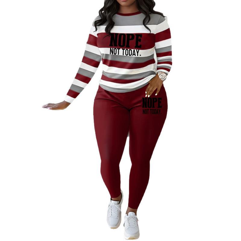 Women's Two-Piece Letter Print Striped Set: Casual Long-Sleeve T-Shirt & Sweatpants/Leggings
