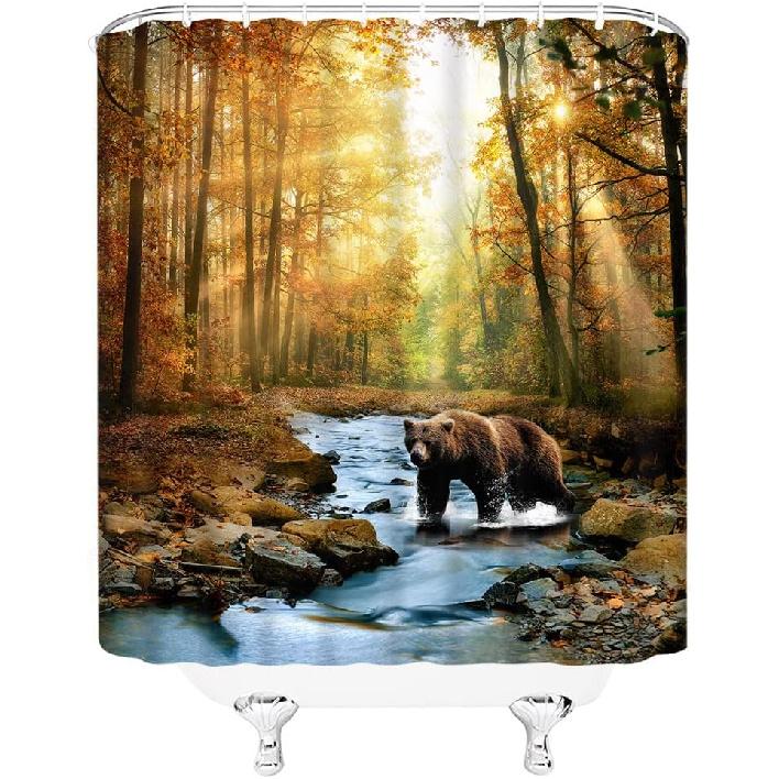 Rustic Bear Shower Curtain Farmhouse Lake Cabin Fall Autumn Forest Natural Scenery Outdoor Animals Hunting Wildlife Camping Vintage Country Lodge