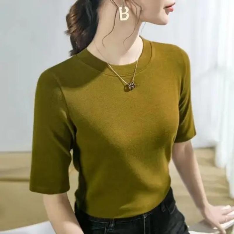 Women Mock Neck Half Sleeve Solid Silk Knit Tee Slim Fit Basic Stretchy Casual Blouse Top M жёлтый