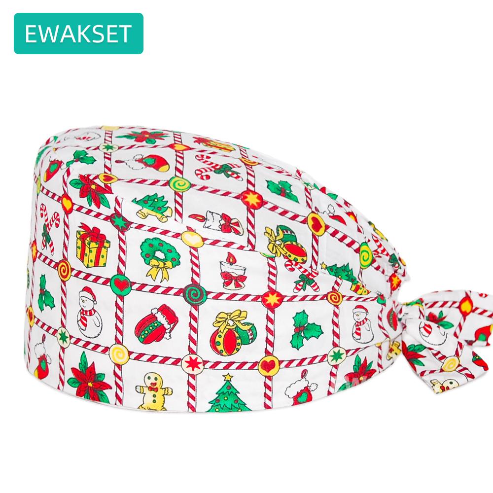 Unisex Christmas Printed Medical Caps Women Men Nurse Doctor Top Surgical Cap Chef Working Hat 100%cotton Scrub Cap