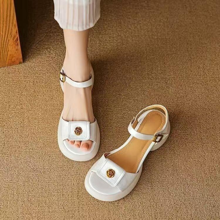 French Retro National Style Soft Leather Open-toed Camellia Thick-heeled Sandals Women's Small Thick-soled High-heeled Temperament Roman Shoes