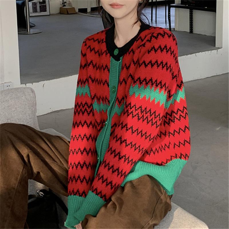 

Модный вязаный свитер, весна-осень, однобортный свободный женский кардиган с v-образным вырезом, клетчатая женская верхняя одежда, куртка One Size