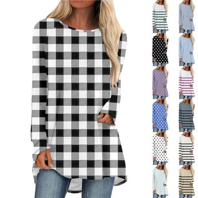 Camiseta feminina manga comprida gola redonda casual longa solta outono e inverno