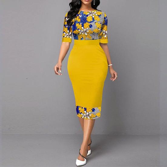 Women Dress Leaf Pattern Crew Neck Plant Prom Knee Length Banquet Clothes Evening