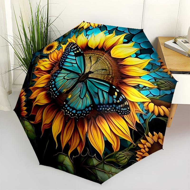 1pc Butterfly Sunflower Automatic Folding Umbrella, Lightweight Retractable Compact Travel Umbrella, 8-Rib Sturdy Frame148