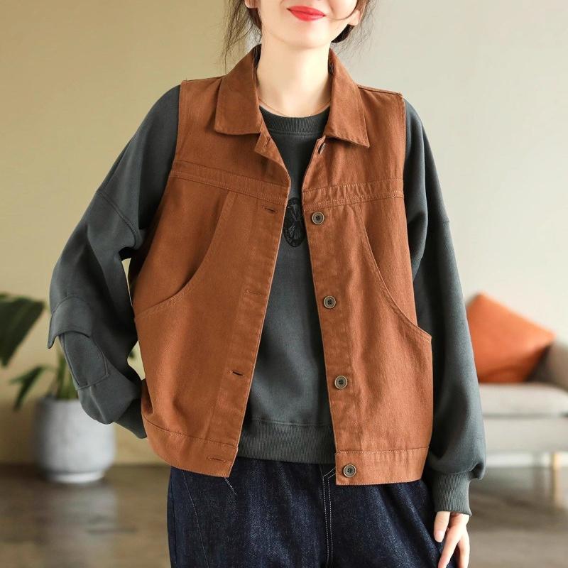 Retro Work Women's New Style Stitching Button Pocket Fashion Solid Color Casual Stacked Lapel Vest